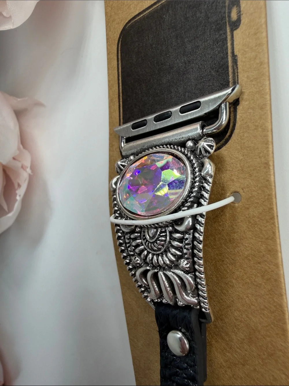 Black Leather Crystal Accent Watch Band for 42–45mm